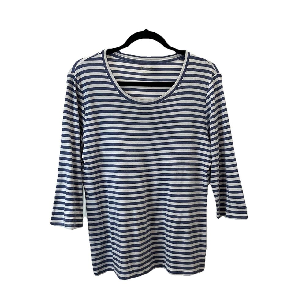 New Directions Light Blue White Striped 3/4 Sleeve Top Womens XL Beach Coastal